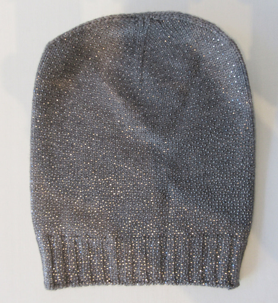 Regina Grey Silver Crystal Hat. Knit Cap in Medium Grey with silver mini Swarowski crystals on front.  Crystals can be displayed full front or worn sideways. Article 90733 Fumo TG A/M. Width 22cm, Height 21cm. 50g approximate weight. 100% Wool Hand wash, Hang dry only. Made in Italy
