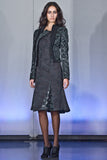 Godet Hem Dress. Rich charcoal grey below the knee dress with lower and wider cut neckline, Dress length from CB 106cm